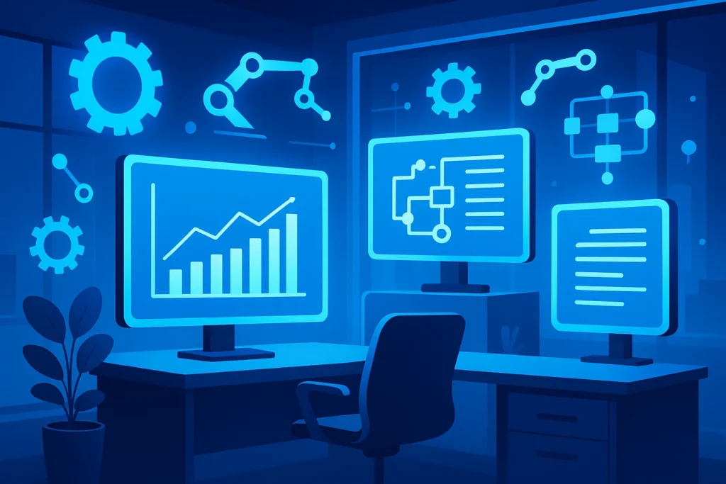Modern office with digital screens showing charts and automation icons, representing AI-driven efficiency and productivity in a professional setting.