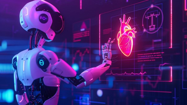 Futuristic robot analysing holographic human heart using AI technology interface.
