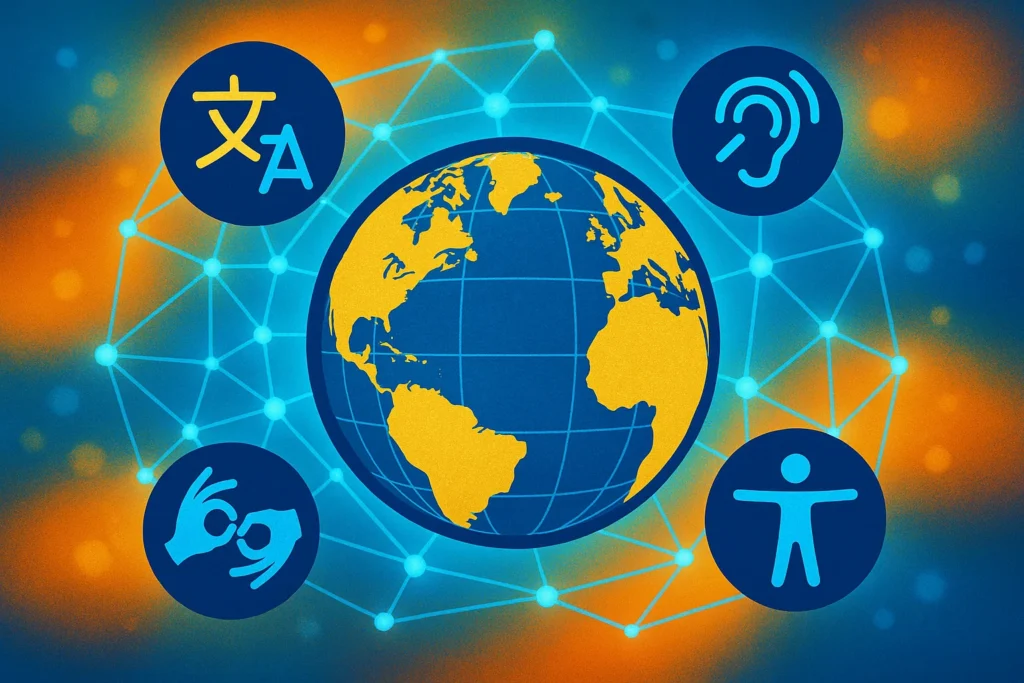Digital globe with translation and accessibility icons, representing AI’s contribution to global inclusivity.