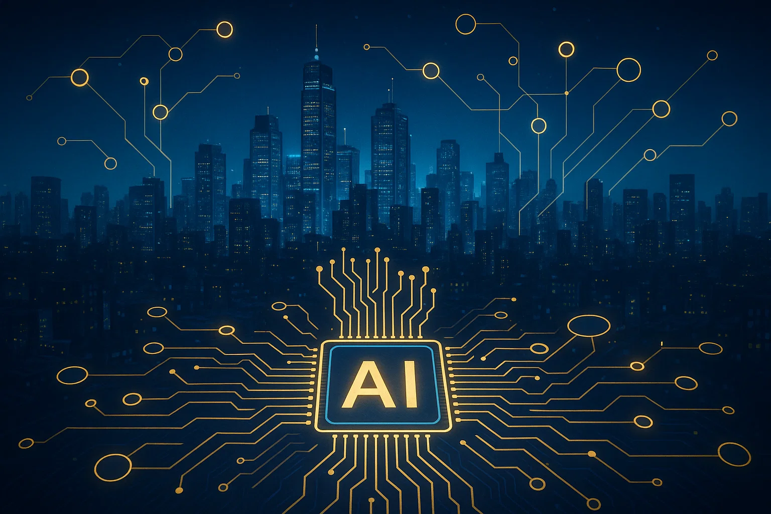 Futuristic cityscape with glowing AI circuits, symbolizing the transformative power of artificial intelligence.