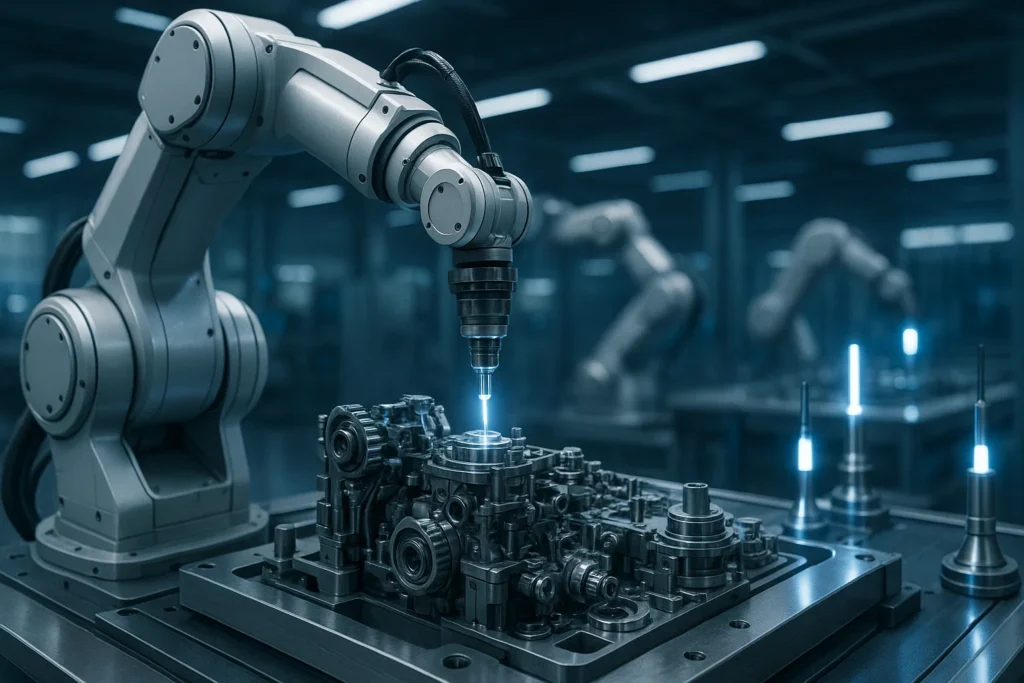 Robotic arm in a high-tech factory assembling machinery, showcasing AI’s precision and accuracy in manufacturing