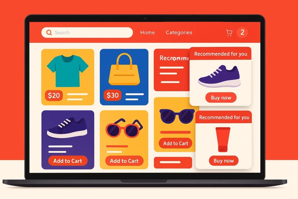 Online shopping interface on a laptop with colorful product recommendations, highlighting AI’s role in personalized user experiences.