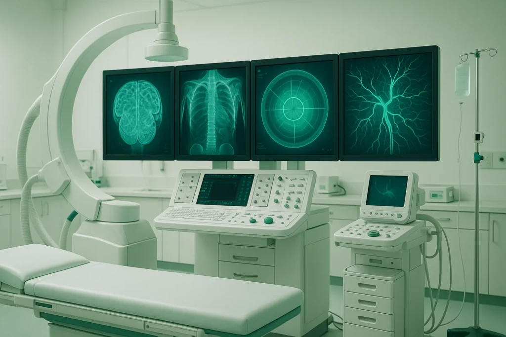 High-tech medical lab with diagnostic screens, representing AI’s transformative impact on healthcare diagnostics.