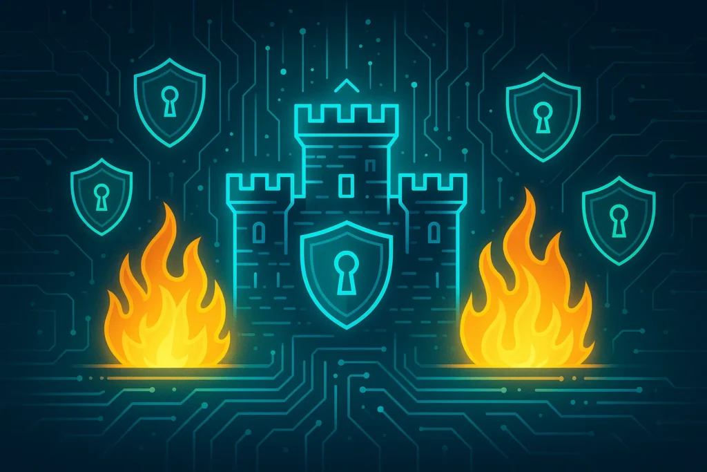 Digital fortress with glowing firewalls and security shields, depicting AI’s role in enhancing cybersecurity.