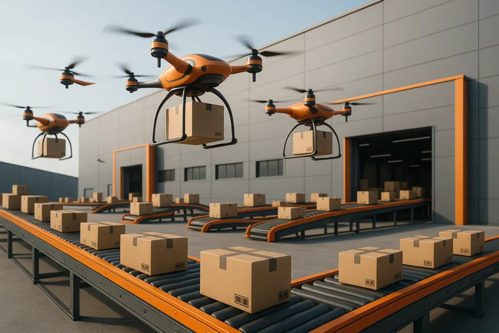 Logistics hub with autonomous drones and conveyor belts, illustrating AI-driven cost savings in supply chain management.