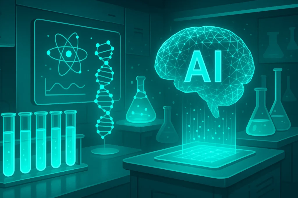 Futuristic lab with holographic scientific models, illustrating AI’s role in driving innovation and research.
