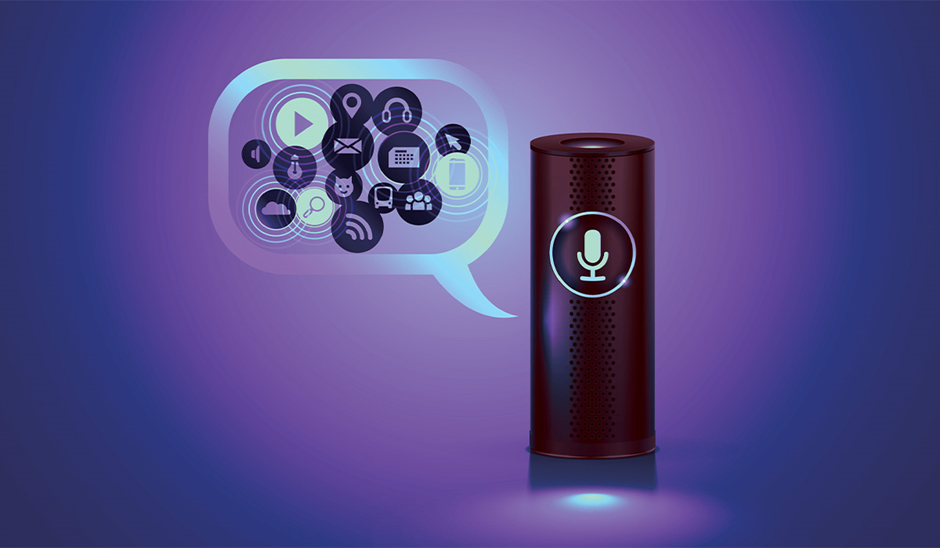 Voice-activated smart speaker with a range of functions, from music to messages, on a sleek purple backdrop.