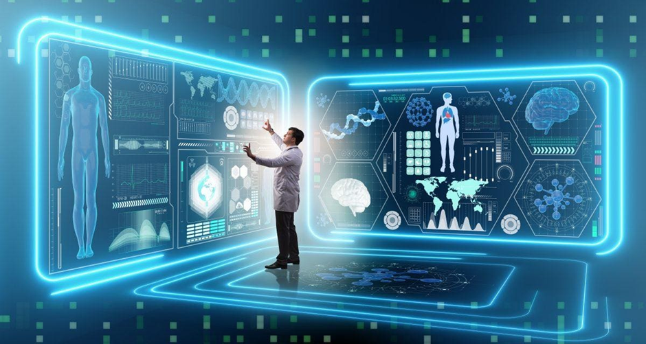 A person in a lab coat interacts with holographic screens displaying medical data, including a human body model, brain scans, and global health statistics, in a futuristic blue-lit environment.