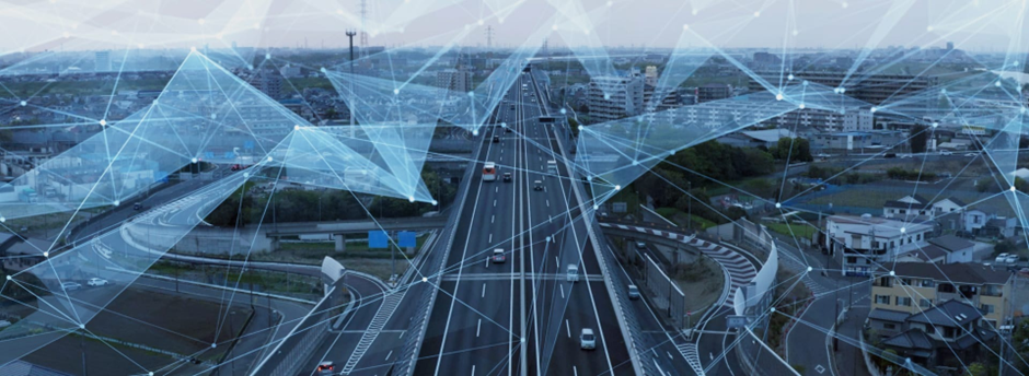 An aerial view of a multi-lane highway with vehicles, overlaid with a digital network of interconnected lines and nodes, symbolizing smart city connectivity and traffic management.