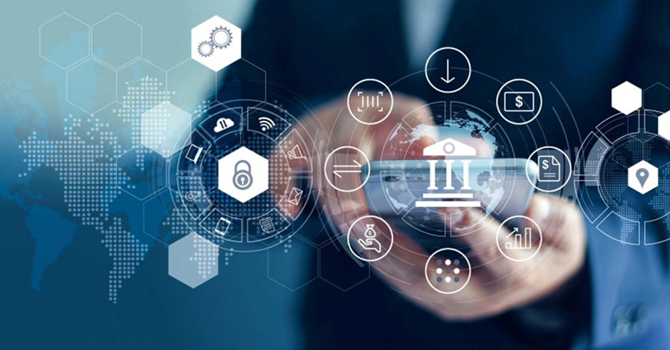 A person in a suit holds a smartphone displaying a bank icon, surrounded by holographic icons representing security, transactions, and analytics, with a world map in the background, illustrating digital banking.