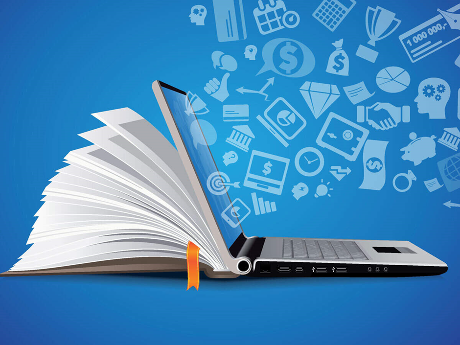 An open laptop with its screen transforming into an open book, surrounded by icons of education, finance, and technology, such as books, money, and charts, against a blue background.