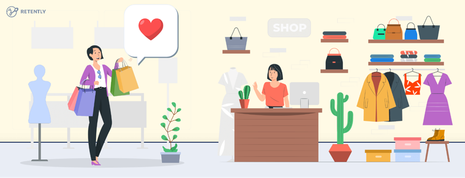 An illustration of a clothing store with a customer holding shopping bags and a heart speech bubble, interacting with a cashier at the counter. The store features mannequins, clothes on racks, and shelves with bags and accessories.