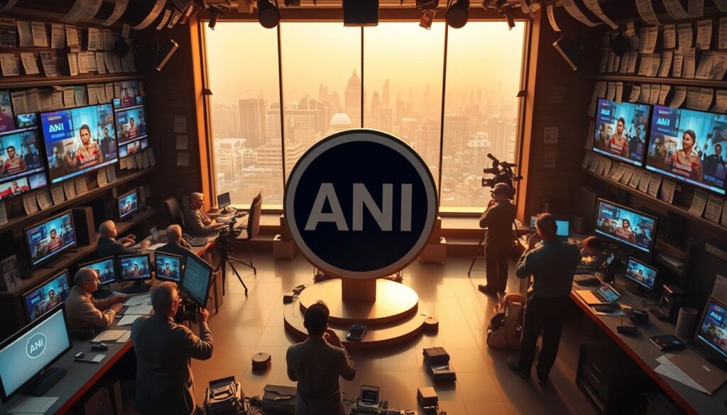 A bustling newsroom, its walls adorned with clippings and screens displaying breaking news. In the center, the iconic ANI logo stands tall, surrounded by a team of journalists and cameramen capturing the pulse of the nation. The scene is bathed in a warm, golden glow, reflecting the importance and credibility of this influential media organization. Through the windows, the skyline of a vibrant Indian city can be seen, underscoring ANI's role as a national news provider. The atmosphere is one of professionalism and purpose, conveying the crucial role ANI plays in shaping the narrative of Indian media.