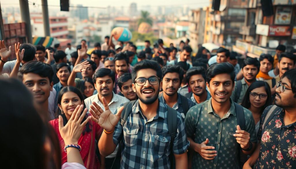 A bustling scene of YouTube creators in India, captured with a wide-angle lens in a warm, natural lighting. In the foreground, a diverse group of content creators - vloggers, gamers, and influencers - gesturing animatedly and engaging with their audiences. In the middle ground, a vibrant backdrop of colorful urban landscapes, reflecting the rich cultural tapestry of the country. The atmosphere is one of creativity, energy, and a sense of emerging digital stardom, as the Indian YouTube revolution takes center stage.