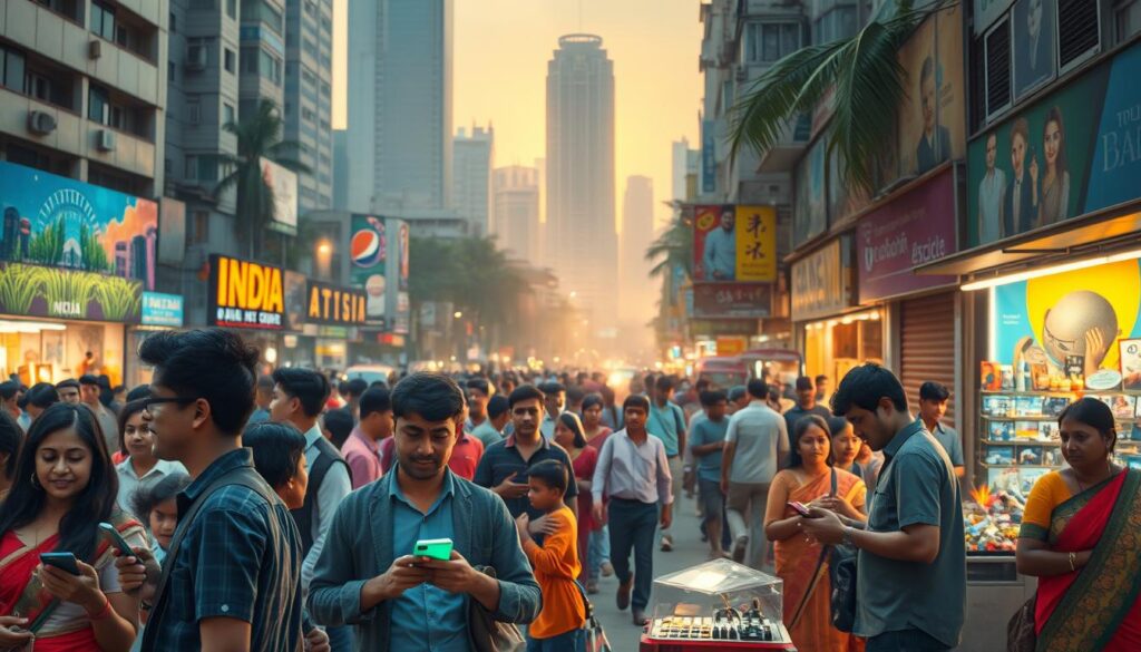 A bustling street in a vibrant Indian city, filled with a diverse array of people going about their daily lives. In the foreground, groups of young professionals and students eagerly discuss the latest advancements in artificial intelligence, their faces illuminated by the glow of their smartphones. In the middle ground, a street vendor sells futuristic-looking gadgets, while passersby stop to admire the new technologies on display. In the background, towering skyscrapers and vibrant murals depict a vision of India's tech-driven future, casting a warm, futuristic glow over the entire scene. The image conveys a sense of excitement and possibility, as the public embraces the transformative power of generative AI.