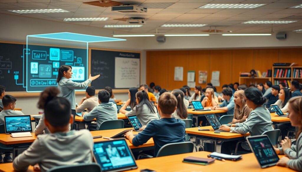 A classroom filled with students and teachers, all engaged in learning powered by advanced AI technology. In the foreground, a teacher gestures enthusiastically, guiding students through an interactive lesson on a large, holographic display. Surrounding them, students sit at desks, some utilizing sleek, AI-powered tablets, others collaborating in small groups. The middle ground showcases a diverse array of learners, each immersed in their own personalized learning experiences. In the background, a wealth of educational resources and tools are seamlessly integrated, creating a vibrant, technology-driven learning environment. Warm, diffused lighting illuminates the scene, conveying a sense of innovation, collaboration, and a future where AI seamlessly enhances the educational experience.