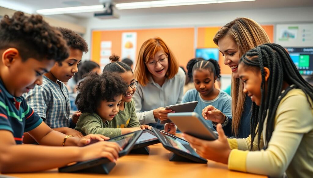 A classroom of diverse students engrossed in interactive digital lessons, with a teacher guiding them through an engaging, AI-powered learning experience. The foreground features students of various ages and backgrounds collaborating on touchscreen tablets, their expressions animated with curiosity and discovery. In the middle ground, the teacher, using a tablet device, customizes the curriculum to address individual needs, ensuring equitable access to quality education. The background depicts a well-lit, modern classroom filled with inclusive educational technology, such as large displays and intelligent voice assistants, creating a vibrant, technology-infused learning environment. The overall scene conveys a sense of empowerment, collaboration, and the transformative potential of AI-driven educational solutions.