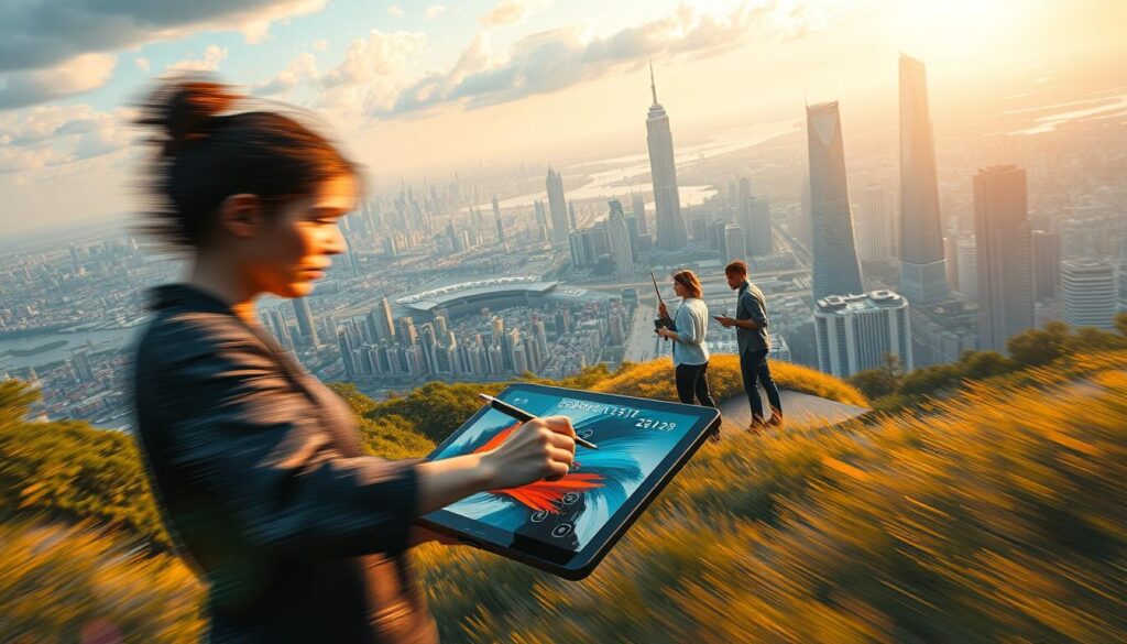 A vibrant, dynamic scene depicting the transformative impact of generative AI on creative industries. In the foreground, a digital artist skillfully manipulates brushstrokes on a futuristic tablet, their hands a blur of motion as they harness the power of AI-driven tools to bring their vision to life. The middle ground features a team of designers and developers collaborating around a holographic display, refining a cutting-edge user interface powered by generative algorithms. In the background, a vast cityscape stretches out, its skyline punctuated by towering tech hubs and innovation centers, a testament to the sweeping changes AI is driving across the creative landscape. Warm, diffused lighting casts a sense of possibility and progress, while the overall composition conveys a palpable energy and sense of creative transformation.