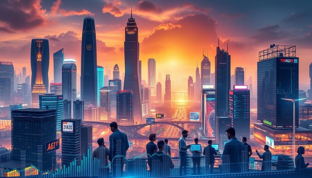 A vibrant, futuristic cityscape of bustling Indian metropolises, with towering skyscrapers and gleaming high-tech hubs. In the foreground, a dynamic display of stock market data and financial charts, representing the rapid growth and investment trends in India's booming AI industry. The middle ground features a diverse array of people - developers, entrepreneurs, and investors - engaged in animated discussions, collaborating on cutting-edge projects. The background is illuminated by a warm, golden glow, conveying a sense of optimism and potential, as India emerges as a global leader in AI innovation and implementation. Detailed, cinematic lighting and a high-resolution, wide-angle lens capture the energy and momentum of this transformative economic landscape.