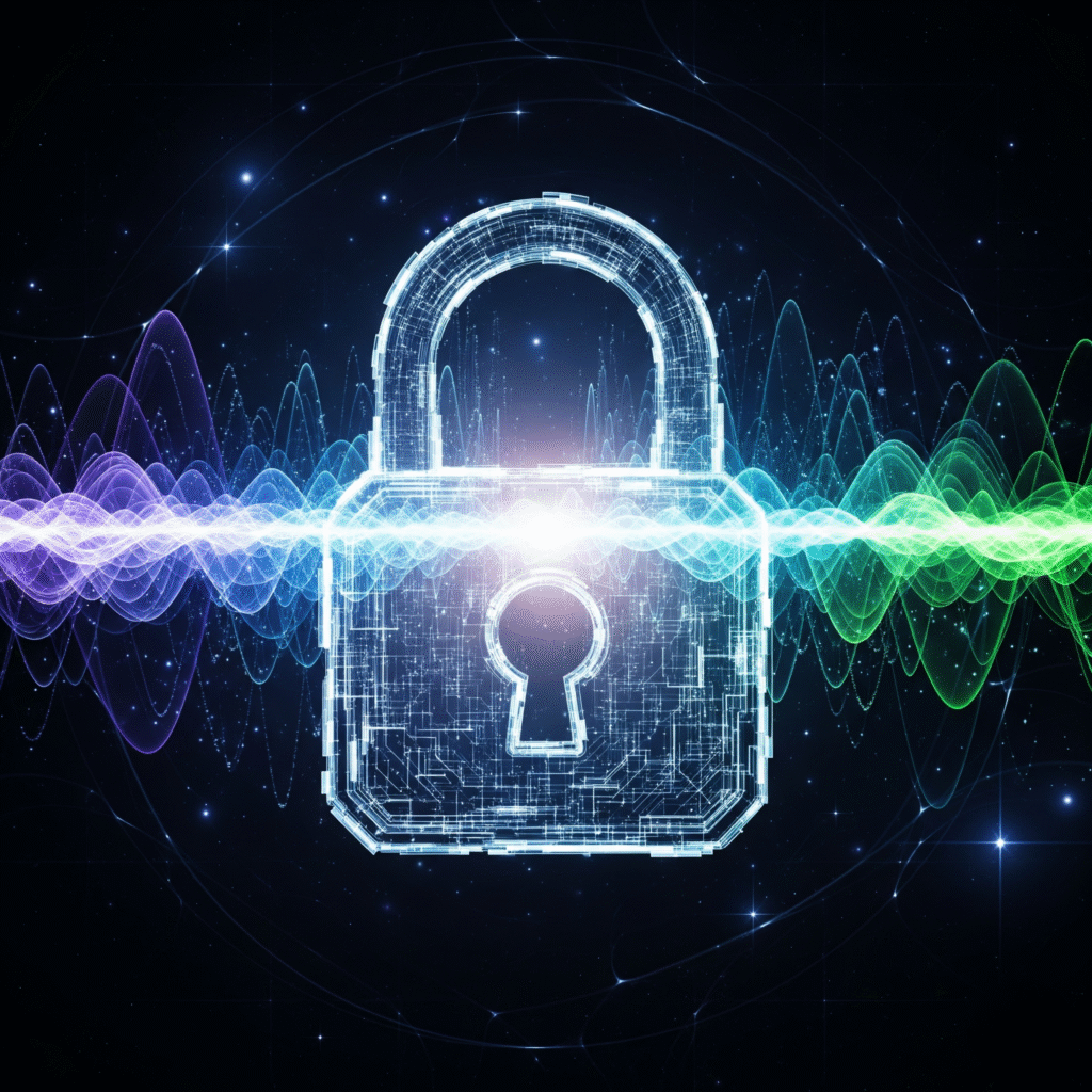 This conceptual image represents the impact of quantum computing on cryptography. A complex, glowing digital lock is secured by dynamic waves of light, symbolizing the unbreakable nature of quantum encryption.