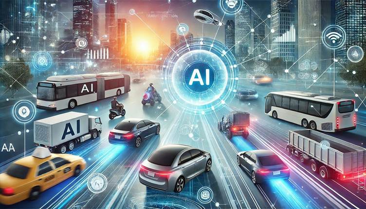 AI in everyday life transforming transportation with autonomous vehicles, ride-hailing apps, and smart traffic management.